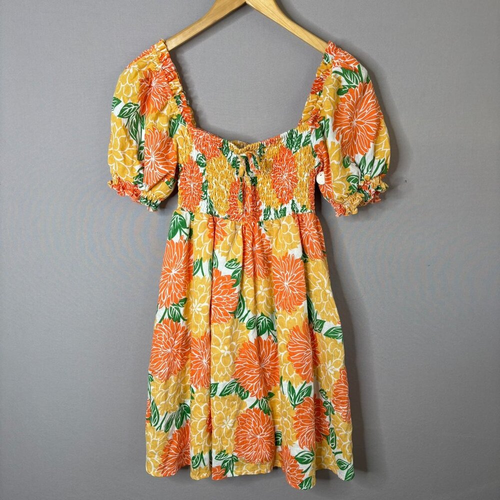 Faithfull Orange Floral Smocked Linen Mini Dress
